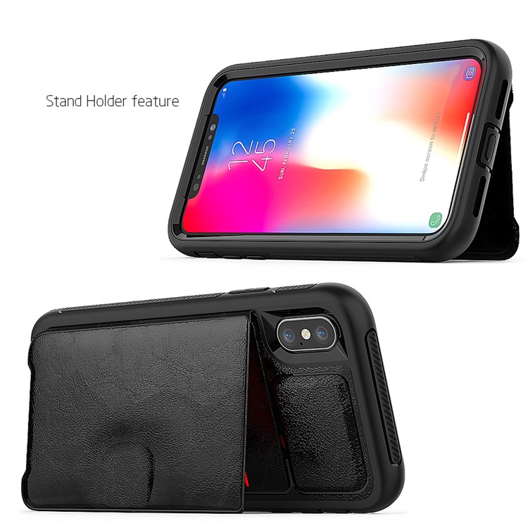 PU Leather Coated TPU + PC Hybrid Card Slots Case with Kickstand (Built-in Magnetic Holder Metal Sheet) for iPhone X - Black-4
