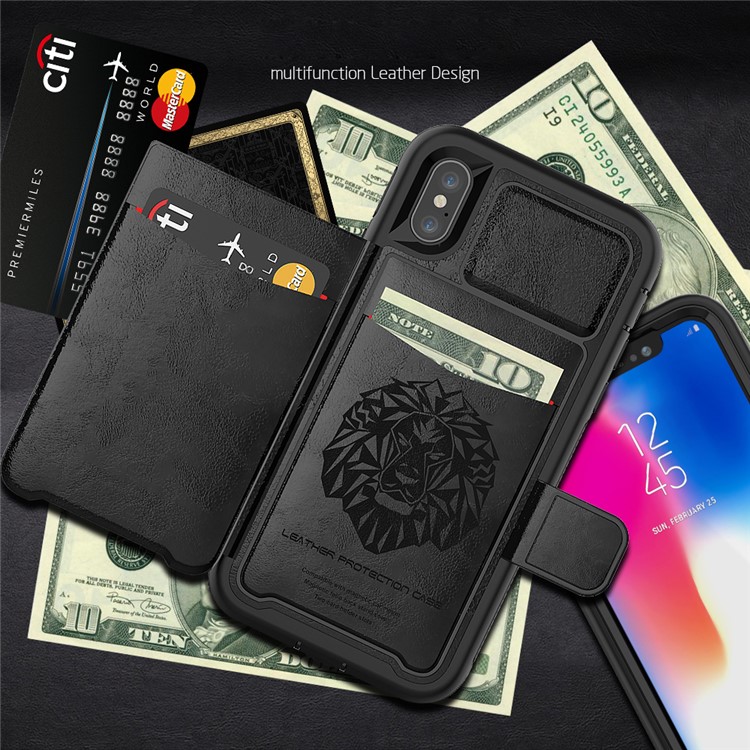 PU Leather Coated TPU + PC Hybrid Card Slots Case with Kickstand (Built-in Magnetic Holder Metal Sheet) for iPhone X - Black-7