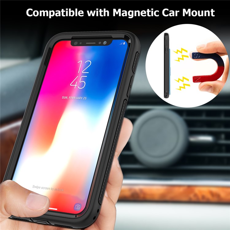 PU Leather Coated TPU + PC Hybrid Card Slots Case with Kickstand (Built-in Magnetic Holder Metal Sheet) for iPhone X - Black-8