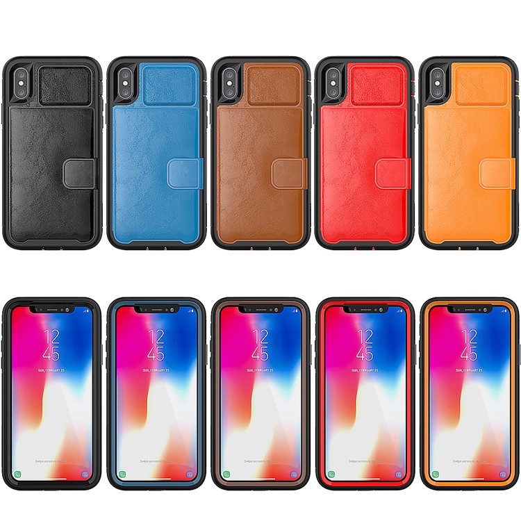 PU Leather Coated TPU + PC Hybrid Card Slots Case with Kickstand (Built-in Magnetic Holder Metal Sheet) for iPhone X - Black-9
