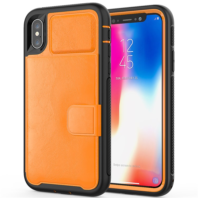 

PU Leather Coated TPU + PC Hybrid Card Slots Shell with Kickstand (Built-in Magnetic Holder Metal Sheet) for iPhone X - Orange, iPhone X