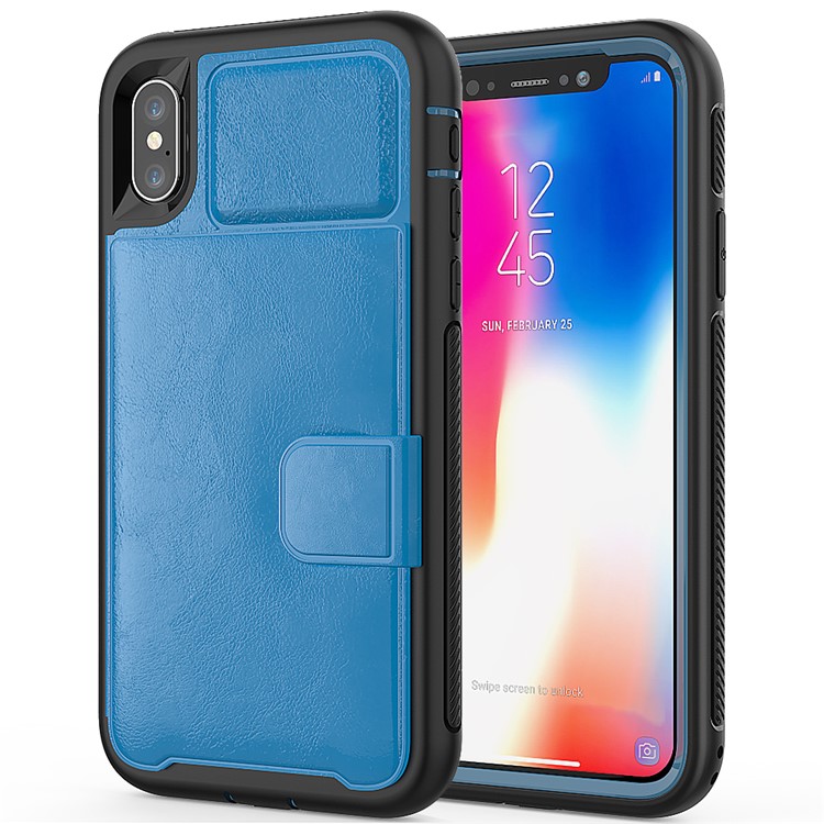 

PU Leather Coated TPU + PC Hybrid Card Slots Casing with Kickstand (Built-in Magnetic Holder Metal Sheet) for iPhone X - Blue, iPhone X