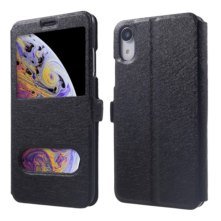 For iPhone XR 6.1 inch Silk Texture Dual Window Leather Stand Protective Casing - Black-1