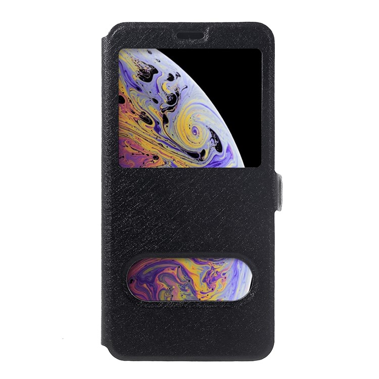 For iPhone XR 6.1 inch Silk Texture Dual Window Leather Stand Protective Casing - Black-2