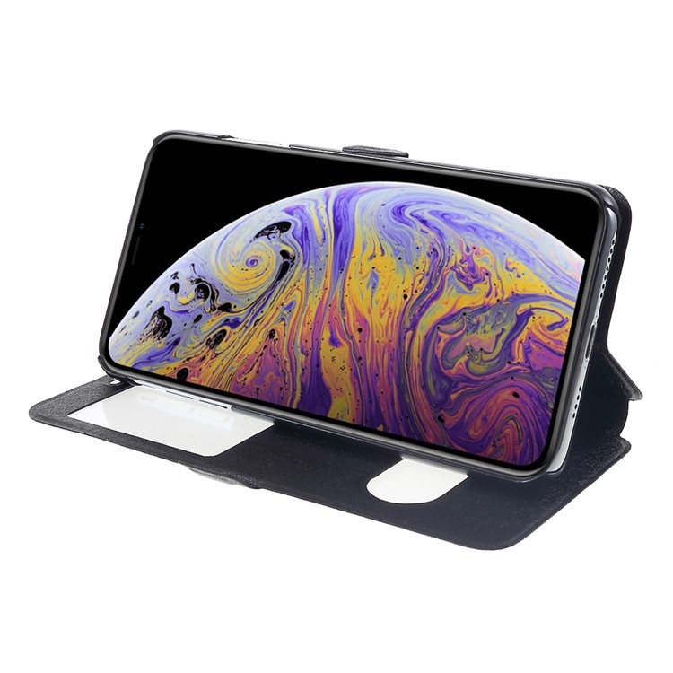 For iPhone XR 6.1 inch Silk Texture Dual Window Leather Stand Protective Casing - Black-3
