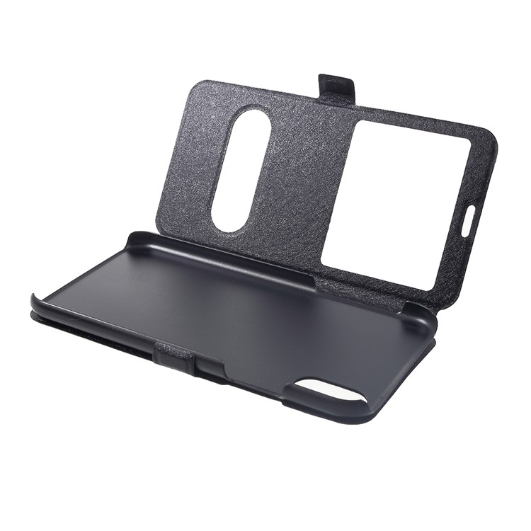 For iPhone XR 6.1 inch Silk Texture Dual Window Leather Stand Protective Casing - Black-5