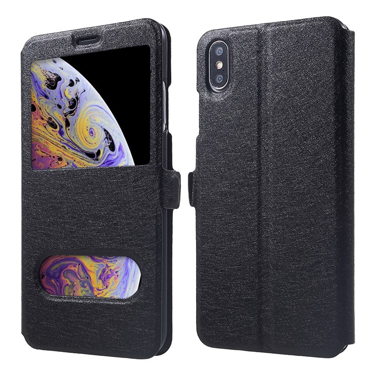 Silk Texture Dual Window Leather Mobile Phone Case for iPhone XS Max 6.5 inch - Black-1