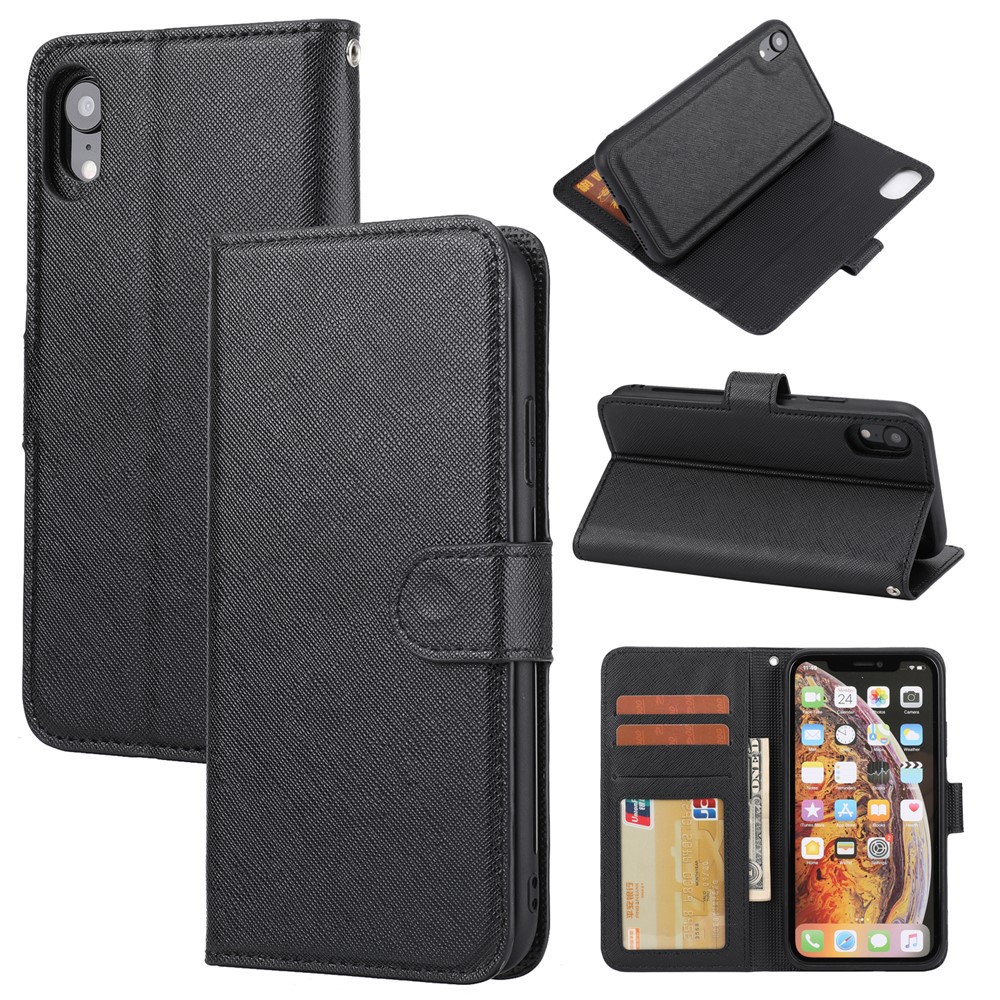Cross Texture Leather Wallet Case + Removable TPU Back Shell for iPhone XR 6.1 inch - Black-1