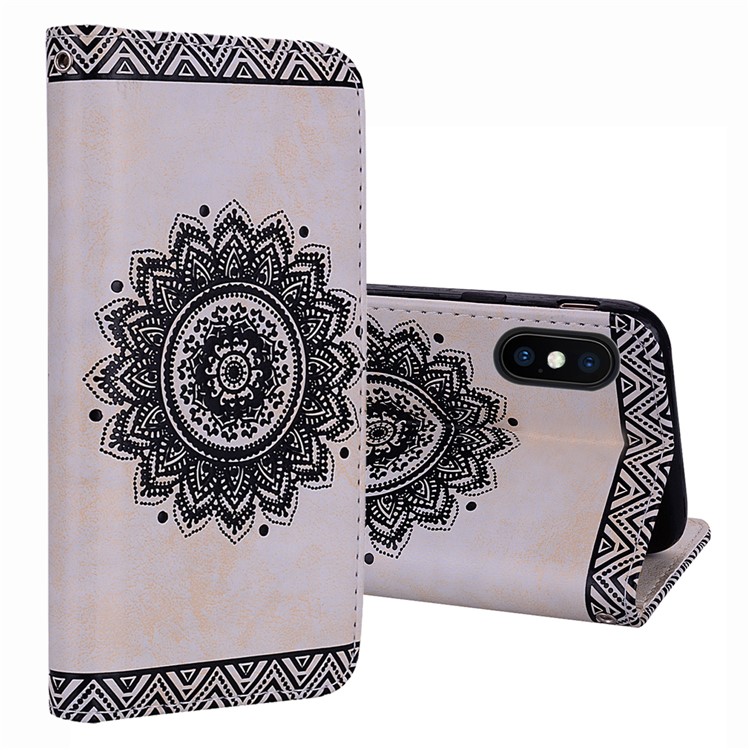 For iPhone XS Max 6.5 inch Imprint Mandala Flower Leather Wallet Cover - White-1