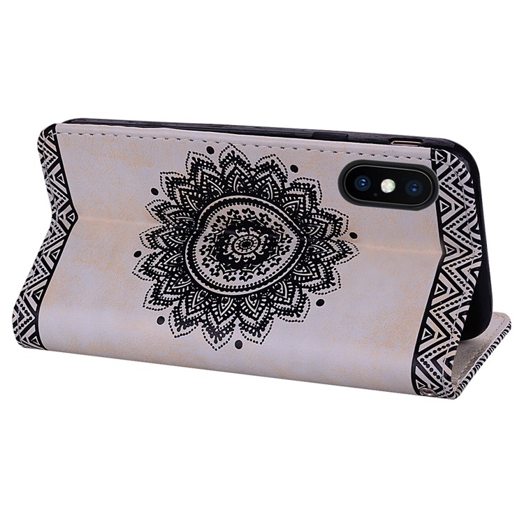 For iPhone XS Max 6.5 inch Imprint Mandala Flower Leather Wallet Cover - White-6