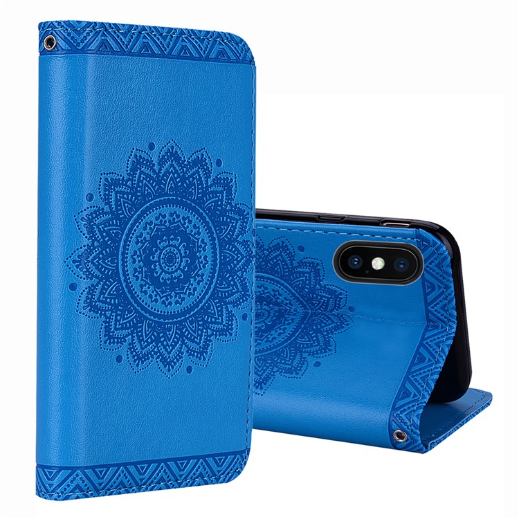 

For iPhone XS Max 6.5 inch Imprint Mandala Flower Leather Phone Casing Stand Wallet Mobile Phone Case - Blue, iPhone XS Max
