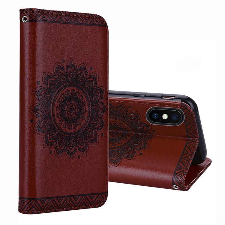 

For iPhone XS Max 6.5 inch Imprint Mandala Flower PU Leather Case with Card Holder - Brown, iPhone XS Max