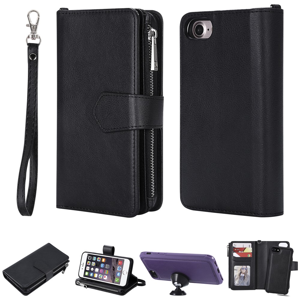 KT Serie Multifuncional-4 TPU 2-in-1 TPU + Zipper Wallet Stand PU Cuero Portátil Para Iphone 6s/6/7/se (2020)/SE (2022)/8 4.7 Pulgadas - Negro