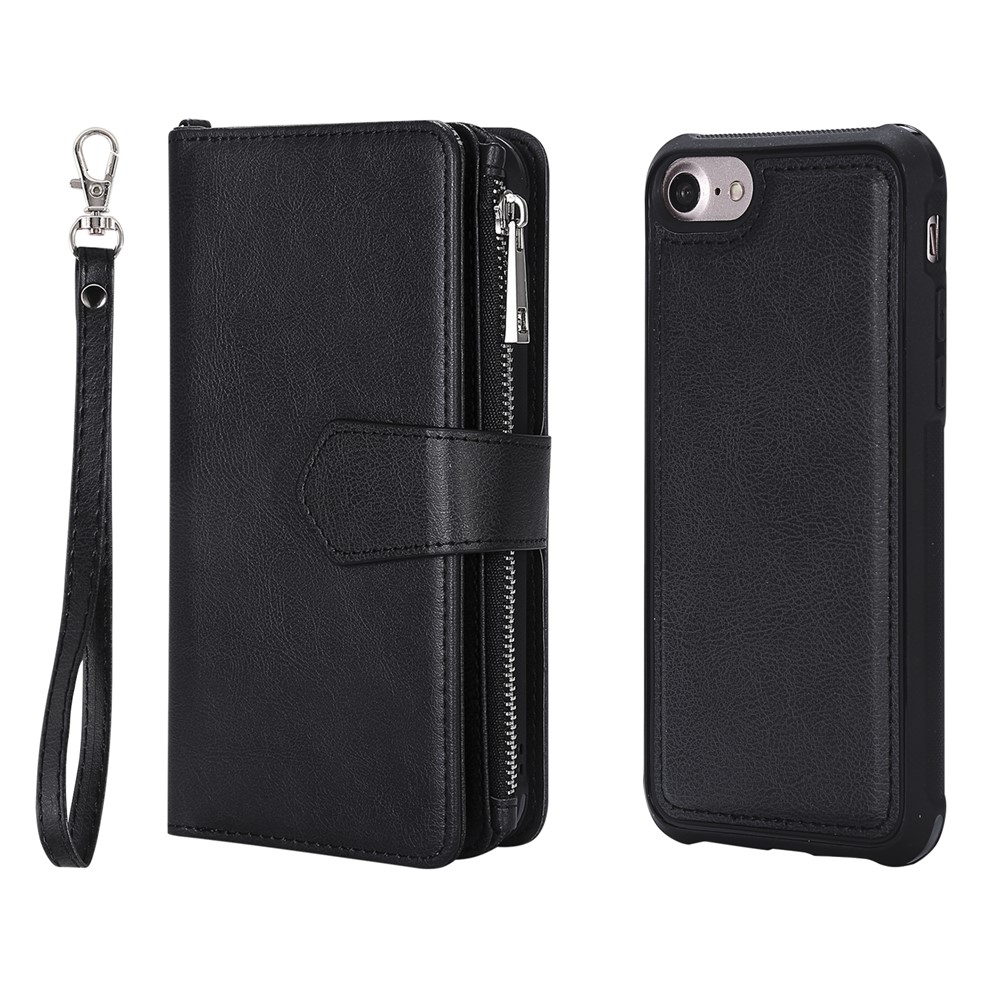 KT Serie Multifuncional-4 TPU 2-in-1 TPU + Zipper Wallet Stand PU Cuero Portátil Para Iphone 6s/6/7/se (2020)/SE (2022)/8 4.7 Pulgadas - Negro