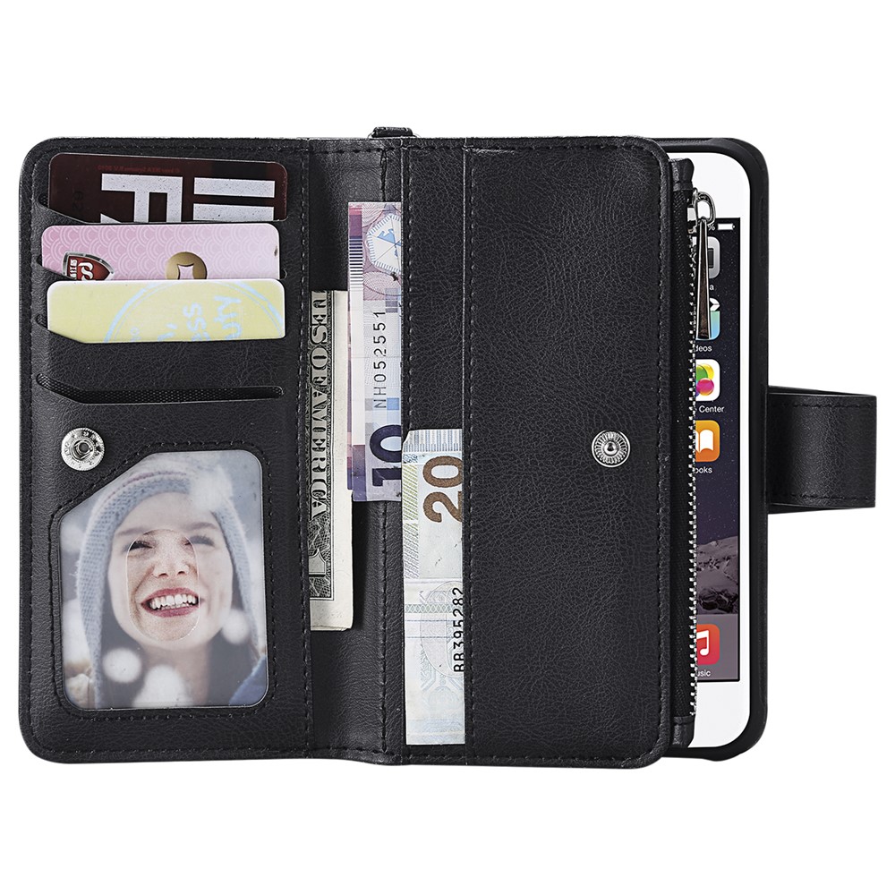 KT Serie Multifuncional-4 TPU 2-in-1 TPU + Zipper Wallet Stand PU Cuero Portátil Para Iphone 6s/6/7/se (2020)/SE (2022)/8 4.7 Pulgadas - Negro