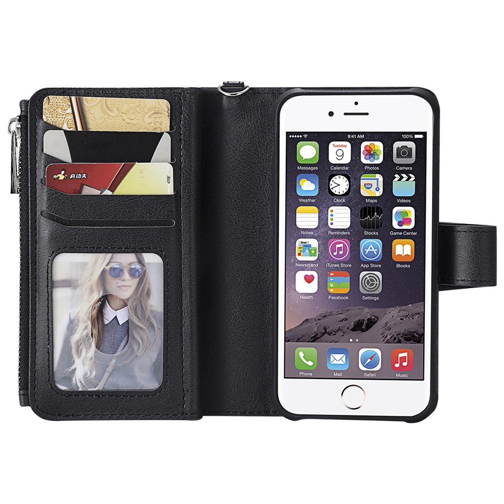 Detachable 2-in-1 TPU + Zipper Wallet Stand PU Leather Portable Case for iphone iPhone 8/7/6s/6 4.7 inch - Black-7