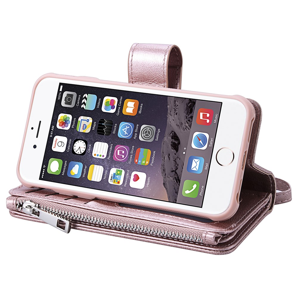 Detachable 2-in-1 TPU + Zipper Wallet Stand PU Leather Portable Cover for iPhone 6s/6/7/8 4.7 inch - Rose Gold-12