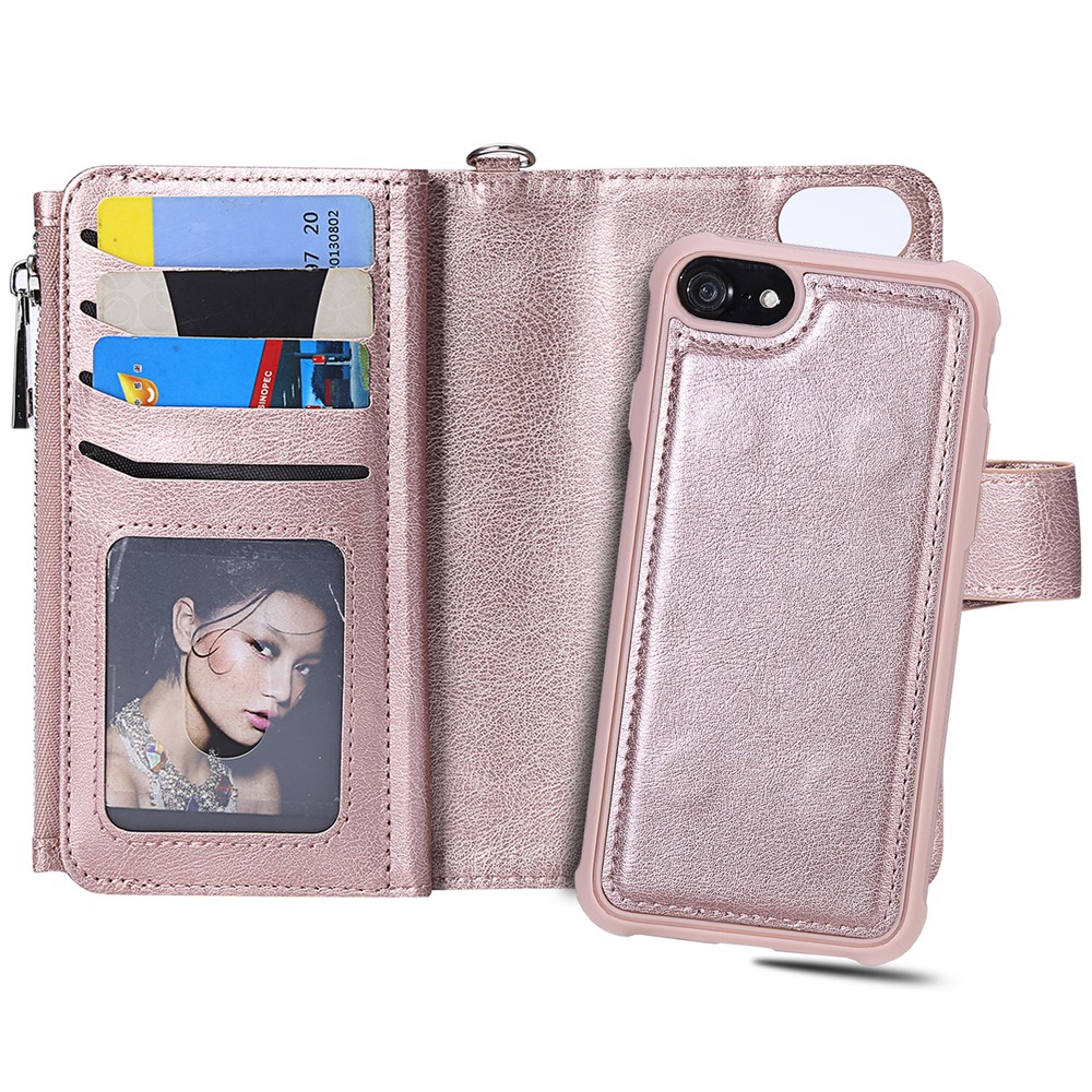 Detachable 2-in-1 TPU + Zipper Wallet Stand PU Leather Portable Cover for iPhone 6s/6/7/8 4.7 inch - Rose Gold-9