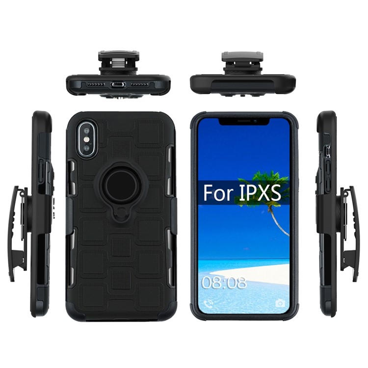 For iPhone Xs 5.8-inch TPU PC Belt Clip Hybrid Cover | Geometric Pattern | Black Kickstand and Magnet Iron - Black-11