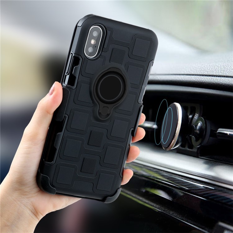For iPhone Xs 5.8-inch TPU PC Belt Clip Hybrid Cover | Geometric Pattern | Black Kickstand and Magnet Iron - Black-3