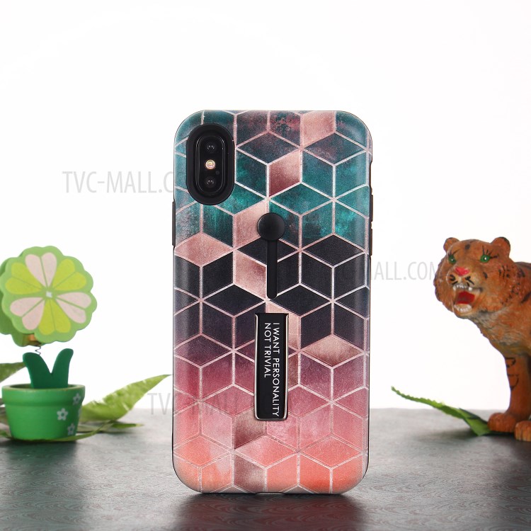 Pattern Printing Embossment Rhombus Pattern TPU + PC Hybrid Cover with Kickstand for iPhone XS Max 6.5 inch - Rose Gold-1