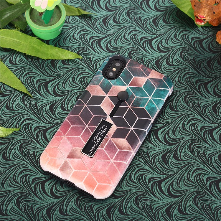 Pattern Printing Embossment Rhombus Pattern TPU + PC Hybrid Cover with Kickstand for iPhone XS Max 6.5 inch - Rose Gold-3
