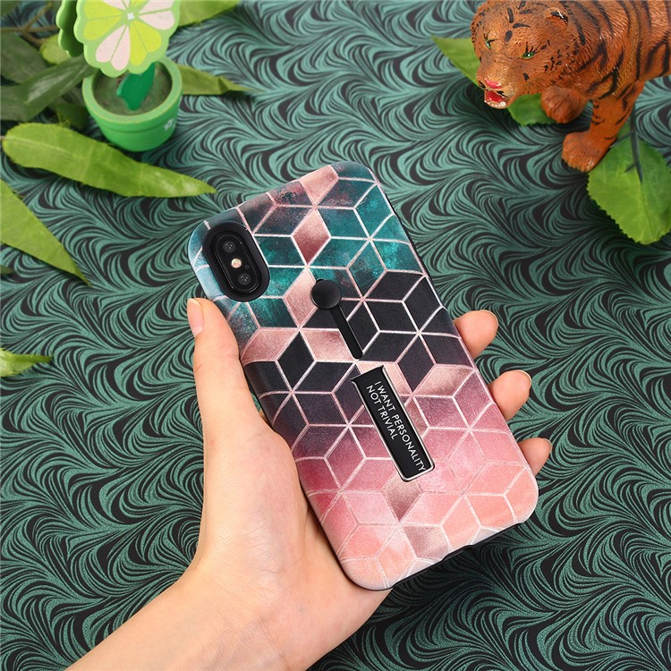Pattern Printing Embossment Rhombus Pattern TPU + PC Hybrid Cover with Kickstand for iPhone XS Max 6.5 inch - Rose Gold-4