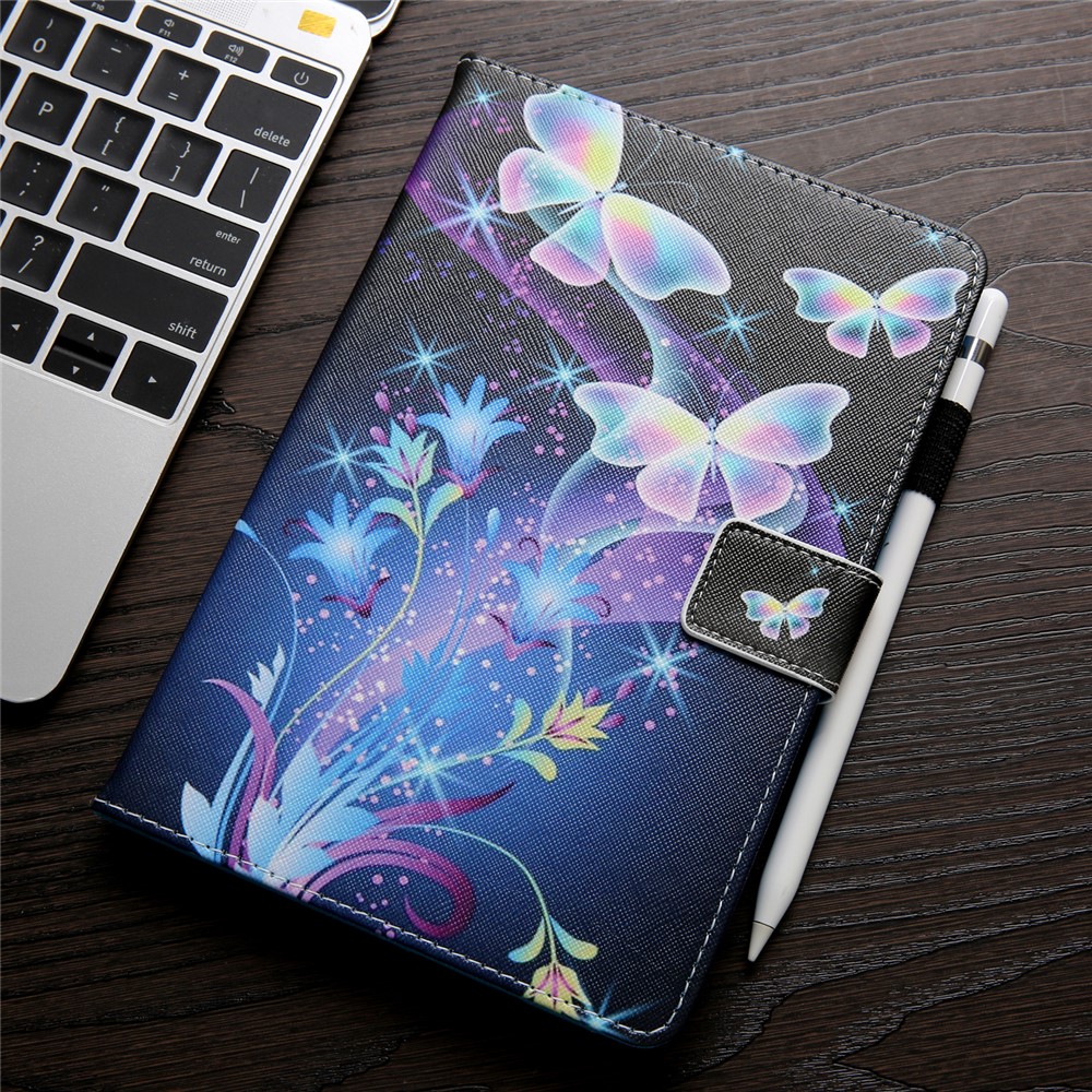 Pattern Printing Cheather Cover Stand Stand Shell Para Ipad 9.7 (2018) /9.7 (2017)/Air 2/Air - Borboleta de Cristal Colorida