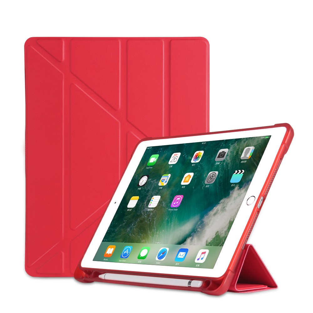 Origami Stand Leather Smart Cover with Pen Slot for iPad 9.7-inch (2018)/9.7-inch (2017)/Air 2/Air - Red