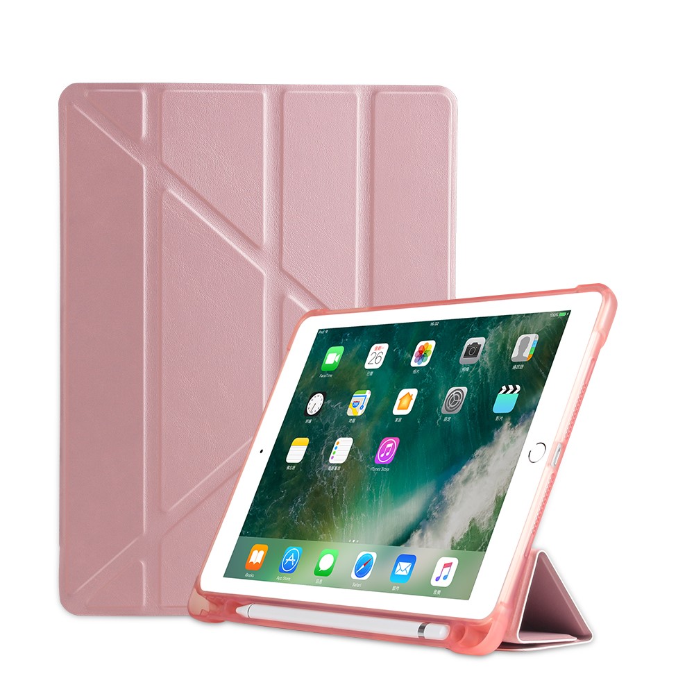 Origami Stand Smart PU Leather Shell with Pen Slot for iPad 9.7-inch (2018)/9.7-inch (2017)/Air 2/Air - Rose Gold