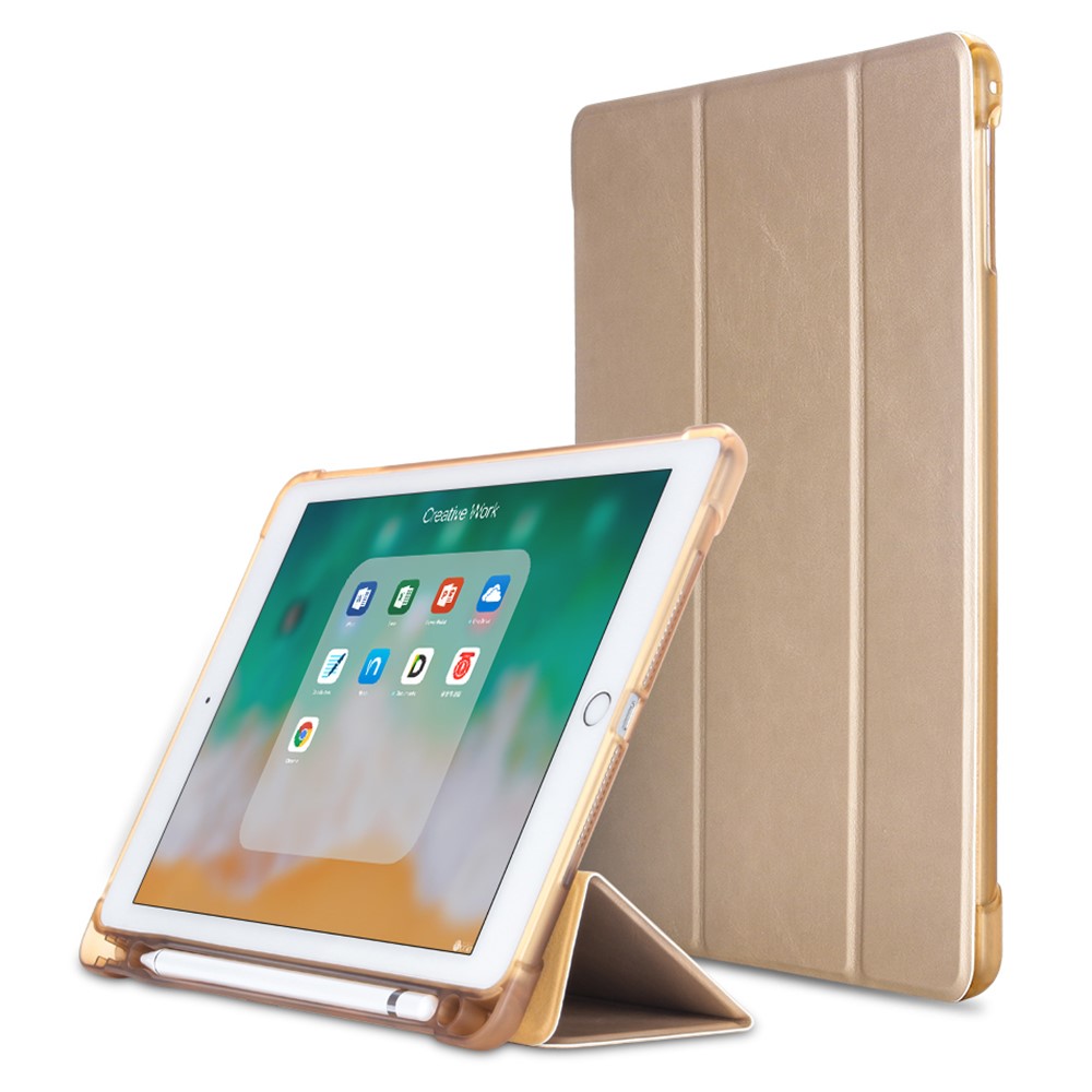 Leather Case for iPad 9.7-inch (2018) / (2017) / iPad Air 2 / Air (2013) Tri-Fold Stand Auto Sleep / Wake Cover with Pencil Holder - Gold