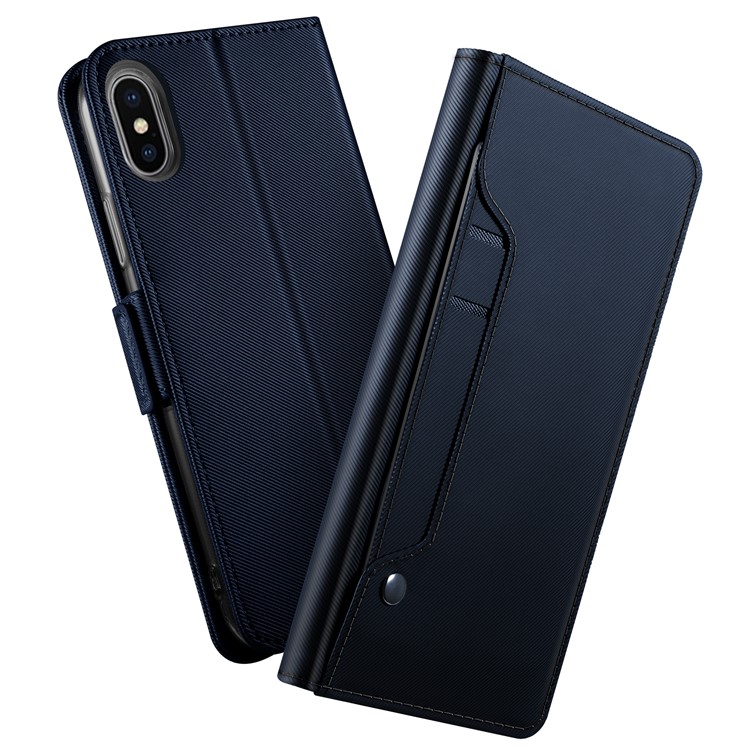 Leather Wallet Stand Shell with Card Holder and Makeup Mirror for iPhone Xs 5.8 inch - Dark Blue-1