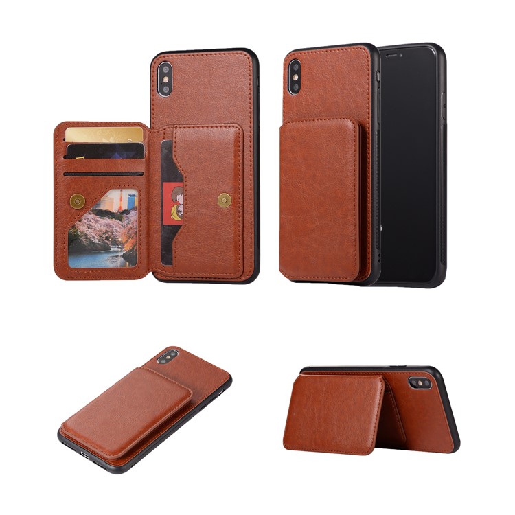 

Retro Style Leather Coated PC + TPU Card Slot Kickstand Mobile Phone Protection Case for iPhone Xs/X 5.8 inch - Brown