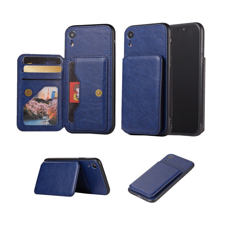 

Retro Style Leather Coated PC + TPU Card Slot Kickstand Accessory Case for iPhone XR 6.1 inch - Blue, iPhone XR