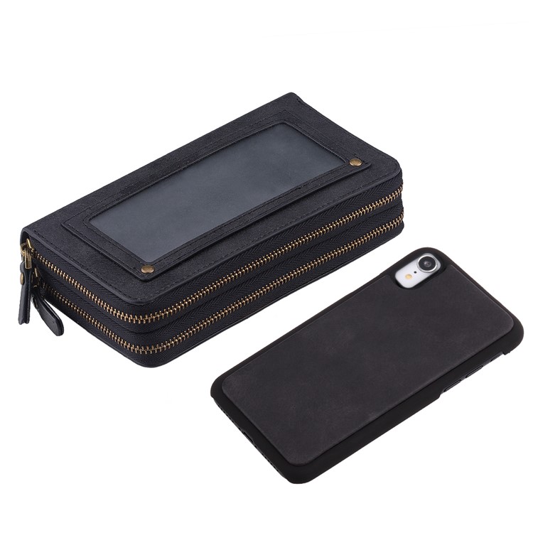 Retro Double Zipper Split Leather Wallet with Detachable TPU Casing for iPhone XR 6.1 inch - Black-1