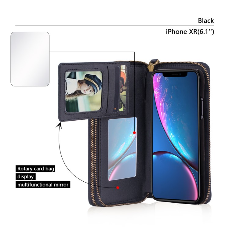 Retro Double Zipper Split Leather Wallet with Detachable TPU Casing for iPhone XR 6.1 inch - Black-10