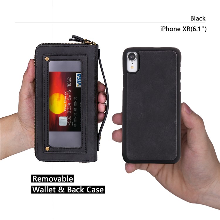 Retro Double Zipper Split Leather Wallet with Detachable TPU Casing for iPhone XR 6.1 inch - Black-11