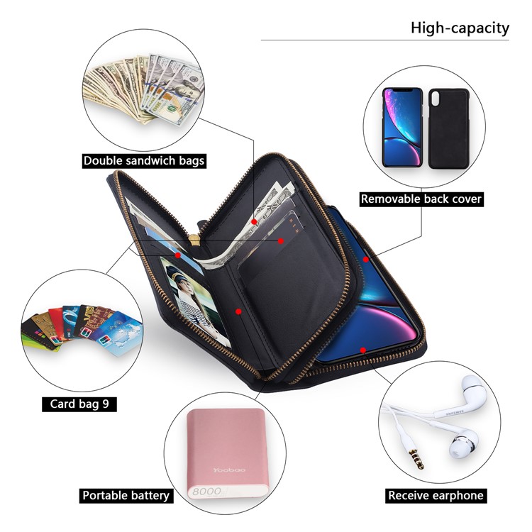 Retro Double Zipper Split Leather Wallet with Detachable TPU Casing for iPhone XR 6.1 inch - Black-13