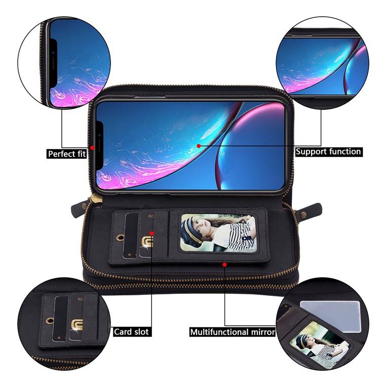 Retro Double Zipper Split Leather Wallet with Detachable TPU Casing for iPhone XR 6.1 inch - Black-14