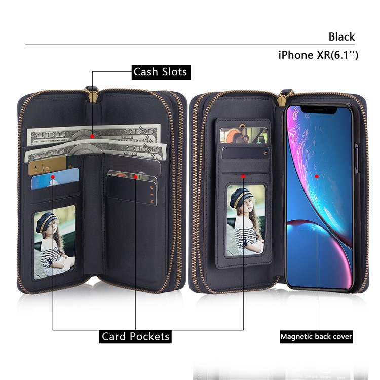 Retro Double Zipper Split Leather Wallet with Detachable TPU Casing for iPhone XR 6.1 inch - Black-16