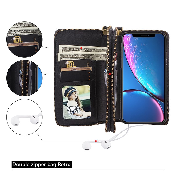 Retro Double Zipper Split Leather Wallet with Detachable TPU Casing for iPhone XR 6.1 inch - Black-19