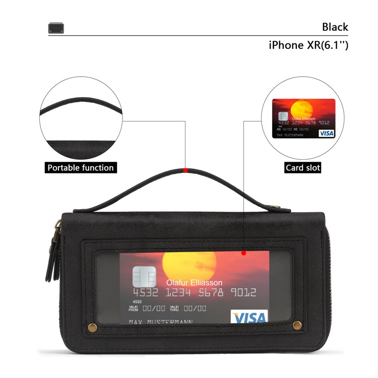 Retro Double Zipper Split Leather Wallet with Detachable TPU Casing for iPhone XR 6.1 inch - Black-2