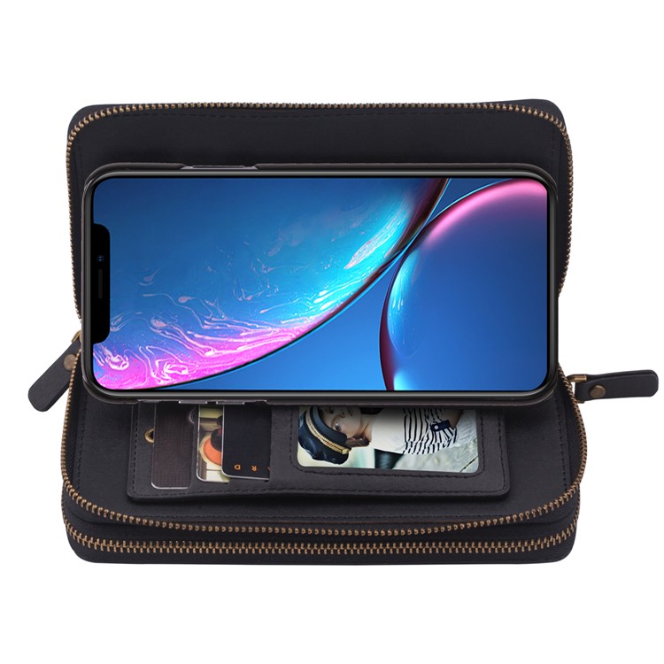 Retro Double Zipper Split Leather Wallet with Detachable TPU Casing for iPhone XR 6.1 inch - Black-25