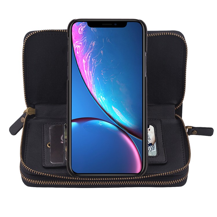 Retro Double Zipper Split Leather Wallet with Detachable TPU Casing for iPhone XR 6.1 inch - Black-26