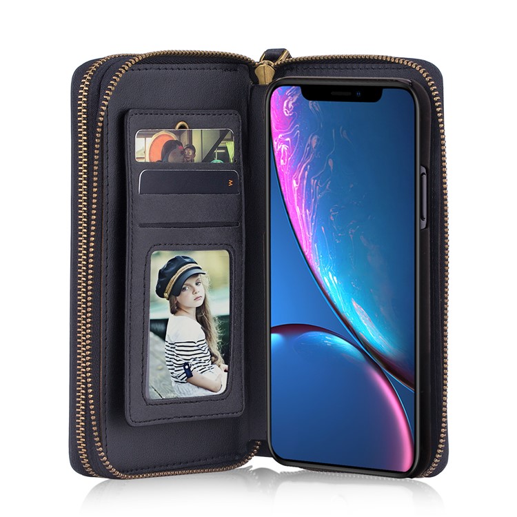 Retro Double Zipper Split Leather Wallet with Detachable TPU Casing for iPhone XR 6.1 inch - Black-27