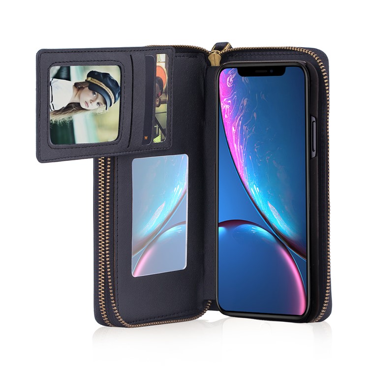 Retro Double Zipper Split Leather Wallet with Detachable TPU Casing for iPhone XR 6.1 inch - Black-28