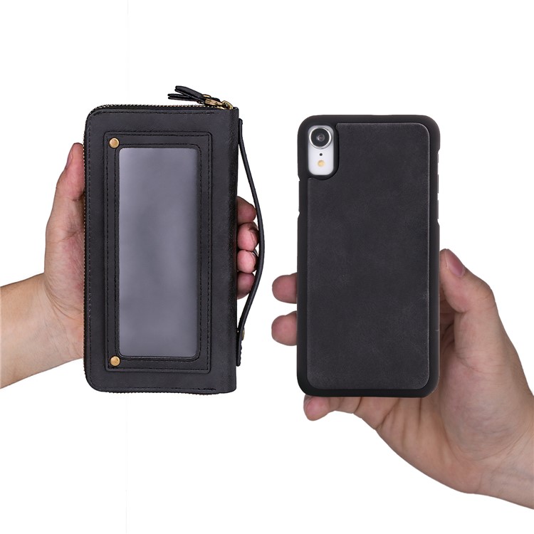 Retro Double Zipper Split Leather Wallet with Detachable TPU Casing for iPhone XR 6.1 inch - Black-29