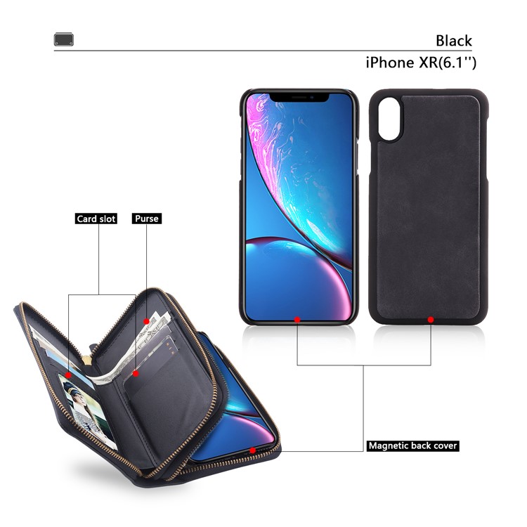 Retro Double Zipper Split Leather Wallet with Detachable TPU Casing for iPhone XR 6.1 inch - Black-3