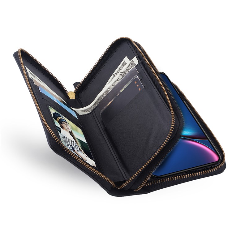 Retro Double Zipper Split Leather Wallet with Detachable TPU Casing for iPhone XR 6.1 inch - Black-30