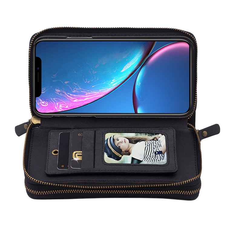 Retro Double Zipper Split Leather Wallet with Detachable TPU Casing for iPhone XR 6.1 inch - Black-31